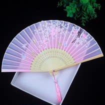 汉服复古小竹扇学生中国风扇子日式随身便携舞蹈扇子绢扇折扇粉色