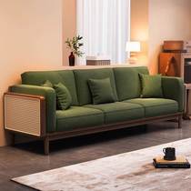 藤编实木沙发组合民宿客厅小户型黑胡桃木色新中式木制布艺沙发椅