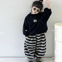 儿童加绒加厚套装2023秋冬新款韩版时尚男女童卫衣卫裤条纹两件套