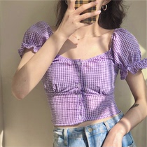 夏季韩版收腰泡泡袖法式短款上衣设计感小众学生格子衬衫女短袖潮