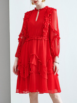 品牌大红色真丝桑蚕丝连衣裙夏季新款设计感别致大码女装订婚裙女