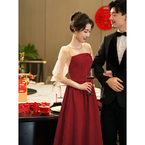 敬酒服酒红色纱袖日常可穿礼服法式订婚裙子新娘回门便装连衣裙