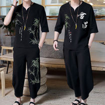 夏季加肥加大中国风套装男士大码宽松休闲棉麻套装刺绣短袖两件套