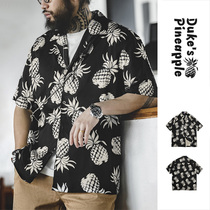 马登工装 美式复古夏威夷菠萝衬衫短袖五分袖沙滩度假印花衬衣男