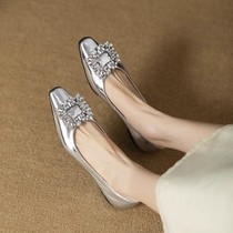 2023春款女鞋瓢鞋真皮方头rv水钻方扣平底鞋性感欧美风银色单鞋