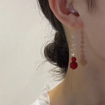 2024年新款潮红色葫芦流苏耳线高级感轻奢长款锆石水晶耳环耳饰女