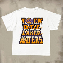 NBA湖人队高街风潮牌小领口字母印花短袖T恤男女嘻哈半袖篮球上衣