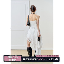 RECOINR1C 白色蕾丝吊带连衣裙女夏仙气设计感不规则斜摆收腰长裙