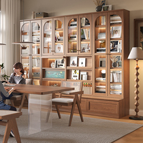 北欧实木书柜胡桃色客厅组合一体整墙落地书架置物展示储物柜收纳