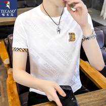 啄木鸟短袖男2024新款名牌t恤夏季冰丝品牌爆款衣服高端白色修身