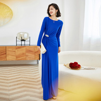 欧美简约冷淡风年会派对聚会礼服裙636高端拖地长袖宝蓝色连衣裙