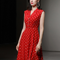夏季女装2024新款气质赫本风波点收腰显瘦红色雪纺连衣裙长裙
