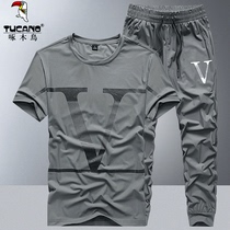 啄木鸟夏季休闲套装男士冰丝薄款短袖T恤长裤夏天运动服两件套