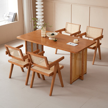 日式实木餐桌家用小户型北欧藤编桌子长方形民宿诧寂风餐桌椅组合