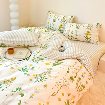 小清新纯棉全棉床上四件套植物花卉宿舍床单被套三件套1.8m床笠款