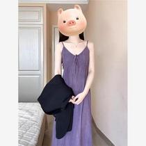 韩系清冷感紫色吊带连衣裙女2024年春夏季新款小个子气质套装长裙