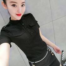 2024年新款短袖衬衫女春季韩版修身显瘦黑色时尚小衫衬衣洋气上衣