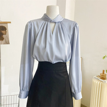 法式高级感缎面衬衫女设计感小众气质春秋打底长袖上衣醋酸衬衣蓝