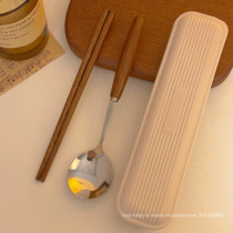 实木质餐具筷子勺子套装高颜值不锈钢一人用外出自带便携收纳盒子