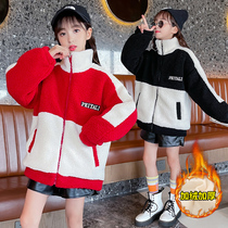 韩版小女孩高领拼色毛毛衣秋冬装新款洋气女童加绒加厚保暖短外套