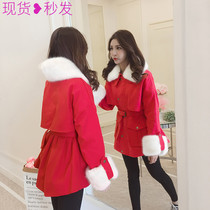 2022冬季新款韩版中长款收腰毛领工装加绒加厚红色棉衣女牛仔外套