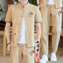 薄款两件套新款中国风男装夏季亚麻套装男士棉麻短袖t恤唐装衣服