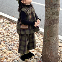 秋季新款女童格子毛呢套装儿童直筒阔腿裤两件套欧美复古撞色套装