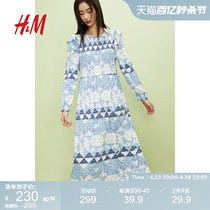 HM女装连衣裙2024夏季新品新中式碎褶印花优雅休闲长裙1227614