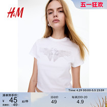 HM女装T恤2024夏季新品印花柔软舒适时尚简约短袖短上衣1198432