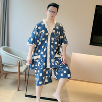 男夏季新款睡衣大码加肥和服式时尚短袖印花260斤日式家居服套装