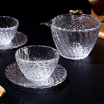 日式冰纹金边茶具套装家用玻璃透明盖碗功夫茶杯子泡茶小套办公室