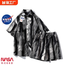 NASA联名水墨短袖套装男夏季高级感冰丝扎染衬衫新中式男装中国风