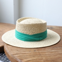 法式手工编织平顶礼帽子女夏季米绿色平沿草帽沙滩度假遮阳防晒帽
