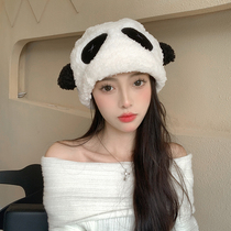 韩版可爱熊猫羊羔绒包头帽子女秋冬季保暖百搭卡通毛绒加厚套头帽