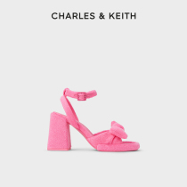 CHARLES&KEITH24春新款CK1-60920367蝴蝶结绒布粗跟露趾高跟凉鞋