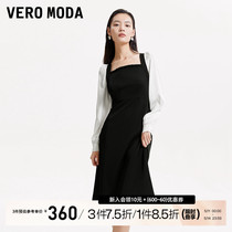 Vero Moda连衣裙2023早秋新款优雅气质甜美百搭约会黑白拼色方领