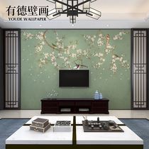 新中式电视背景墙壁纸花鸟墙纸壁画客厅沙发卧室床头墙布绿色壁布