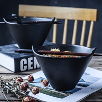 面碗家用大号复古日式和风面碗手穿碗磨砂黑陶瓷个性创意斗笠碗