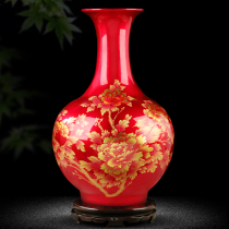景德镇陶瓷器中国红花瓶插花摆件新中式家居客厅酒柜博古架装饰品