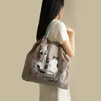 刺绣猫咪 环保购物袋 女士大尺寸单肩包 学生作业手提包百搭背包