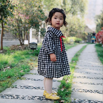 韩国进口春秋女童舒适洋气格子连衣裙 黑白娃娃领红色丝带长款裙