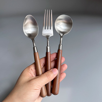 出日本~家用304不锈钢木柄汤勺叉子复古儿童实木防烫手柄饭勺餐具