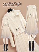 针织连衣裙女士2023秋冬季新款马甲网纱裙两件套装中长款毛衣裙子