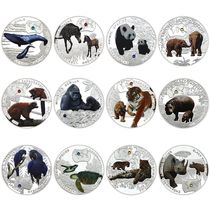 12款非洲赞比亚濒危熊猫镀银镶钻镀银硬币工艺大象东北虎纪念章币