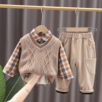 婴幼儿秋冬装0韩版套装1-4岁男宝宝3加绒厚衬衫三件套外出服保暖2