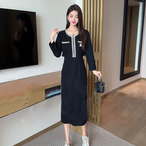 小香风连衣裙2024韩版时尚显瘦假两件休闲中长款赫本风黑色裙子潮