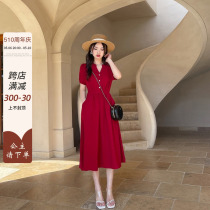 法式复古高级感红色连衣裙夏季新款V领收腰显瘦气质雪纺小红裙