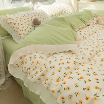 韩版公主风碎花床上用品四件套绿色花边被套床单三件套女生床笠款