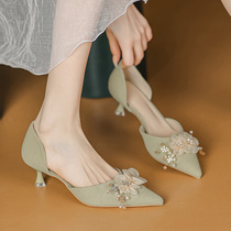果绿色细高跟鞋女法式手工蝴蝶结花朵浅口包头凉鞋5公分小跟单鞋