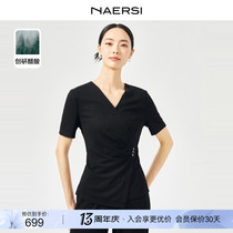 【醋酸】NAERSI/娜尔思2024春夏新款简约通勤短袖上衣V领黑色T恤